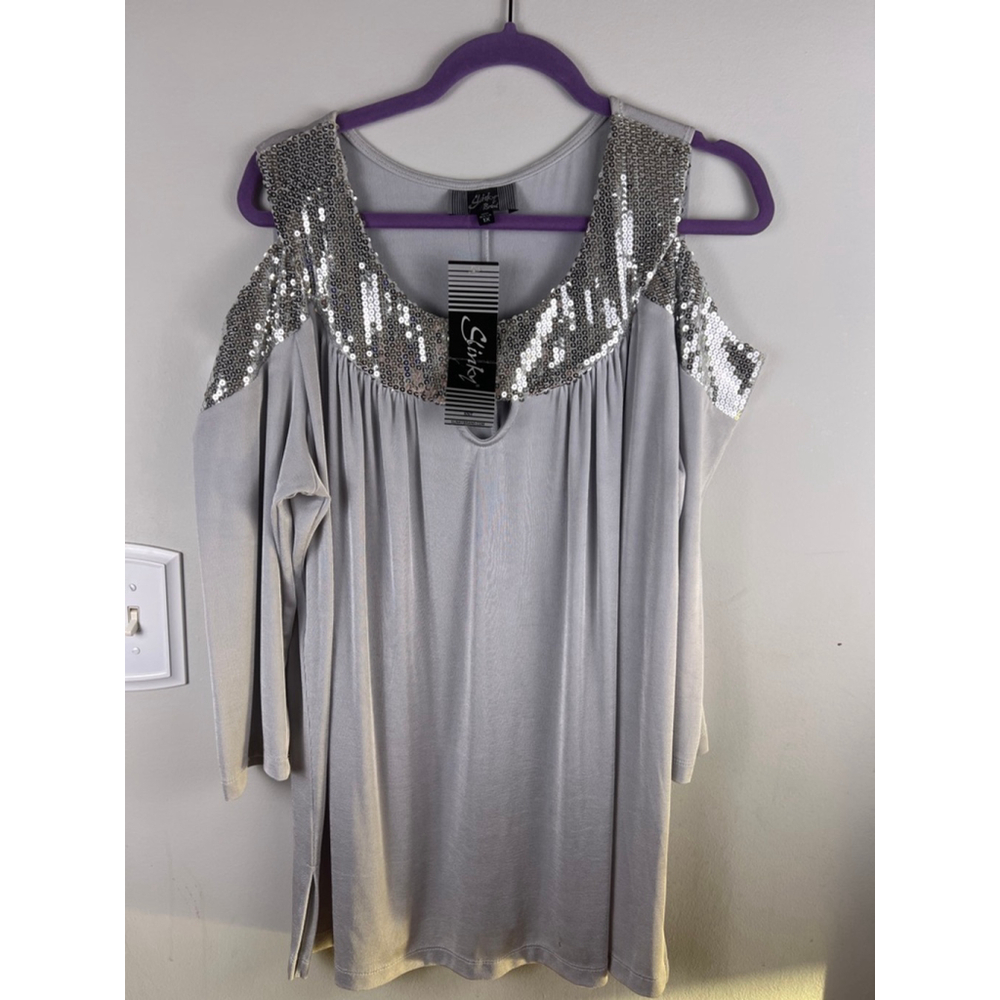Slinky Brand 1X Silver Cold Shoulder Sequin Tunic Top Stretch Knit NWT